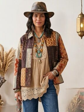 VTG Chico’s Patchwork Quilted Jacket Boho Aztec Tribal Embroidered Size 3/US XL